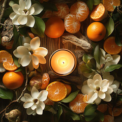 serene arrangement of white magnolia flowers, lit candle, and fresh oranges creates warm, inviting...