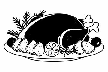 Minimalist Black and White Roasted Turkey with Garnish Outline