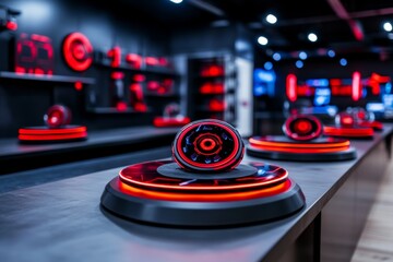 High-tech corporate office in a cyberpunk city with holographic interfaces and neon signs