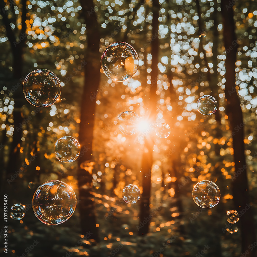 Poster floating soap bubbles in sunlit forest, creating magical atmosphere. sunlight filters through trees,