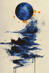 Abstract artwork featuring a bold blue streak across a light beige background.