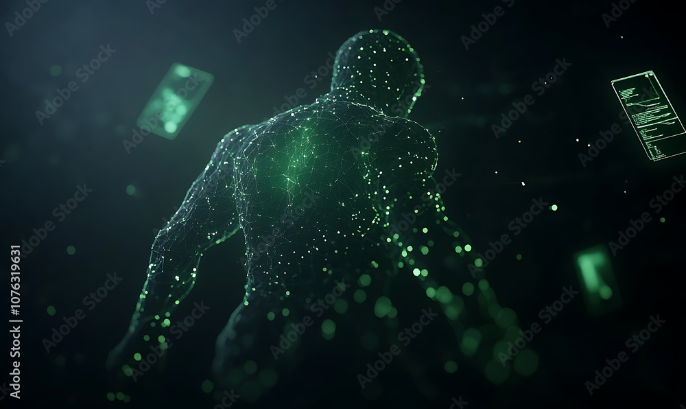 Aufkleber a digital silhouette of a figure composed of glowing green particles, surrounded by smartphone devic