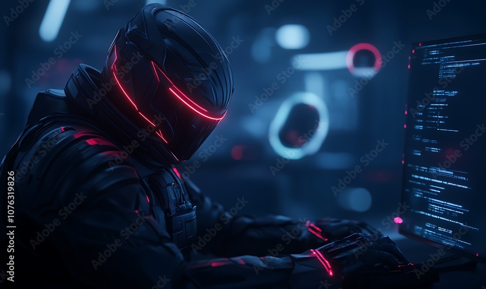 Aufkleber a futuristic figure with glowing red accents works intently at a computer terminal in a dimly lit, h