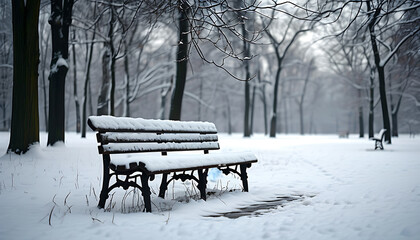 solitary snow covered bench in tranquil winter park scene