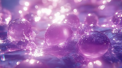 Close-up of iridescent pink spheres on a glistening surface, creating a dreamy and ethereal backdrop.
