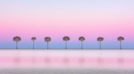 A row of trees silhouetted against a pastel pink and blue sky with their reflection on the water.