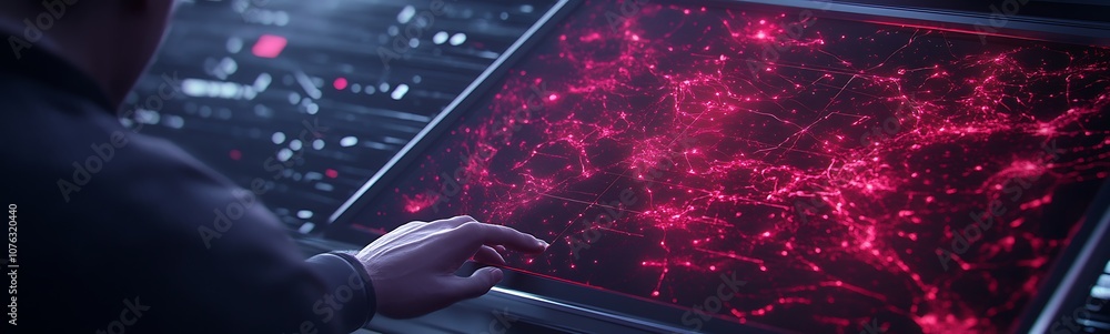 Poster A person interacts with a high-tech screen displaying a network of vibrant red connections, suggesting advanced technology and data visualization.
