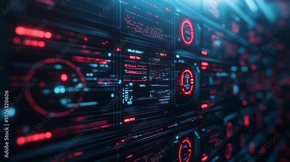 Poster A futuristic digital interface displaying glowing red and blue data metrics, emanating a high-tech, cyber aesthetic.