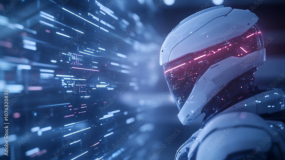 Poster a futuristic robot with a sleek design stands against a backdrop of digital data streams, embodying 