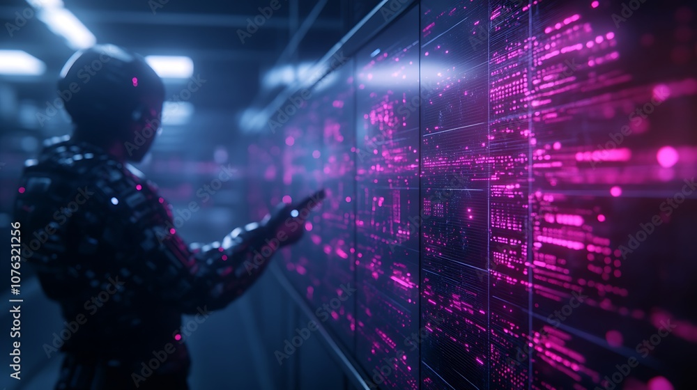 Poster A futuristic figure interacts with a glowing digital interface, showcasing vibrant pink data patterns in a tech-inspired environment.