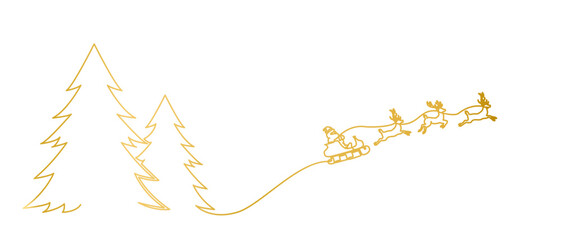 Continuous one line vector image of Christmas landscape. Santa on sleigh with reindeer, Christmas tree.