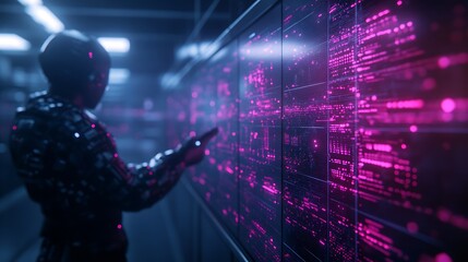 A futuristic figure interacts with a glowing digital interface, showcasing vibrant pink data patterns in a tech-inspired environment.