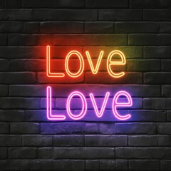 Obraz premium close up of neon sign with the phrase love is love in rainbow colors on brick wall with graffiti.