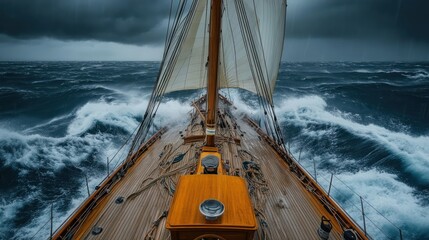 big sailing boat on a stormy sea, weather is heavy storm over the ship and dark rainy sky
