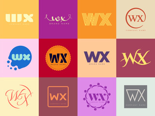 WX logo company template. Letter w and x logotype. Set different classic serif lettering and modern bold text with design elements. Initial font typography.