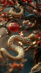 A tree with a golden snake coiled around its branches.
