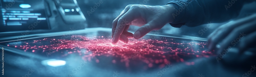 Poster a futuristic hand interacts with a holographic interface displaying glowing, red data points, sugges