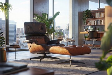 Modern Leather Armchair with Ottoman in a Stylish Living Room with City View