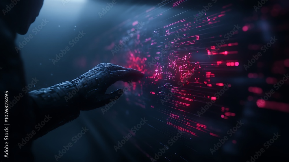 Poster A dark, futuristic scene showing a gloved hand reaching out to touch a glowing, digital interface with red data streams.