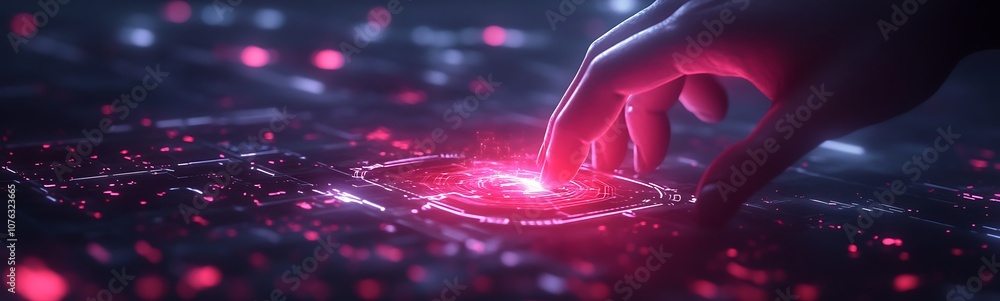 Poster a hand gently touches a glowing, red dot amidst a field of digital particles, creating a visually st