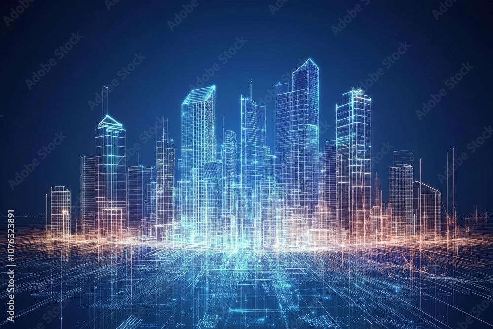 Poster building with digital technology element in a smart city concept.