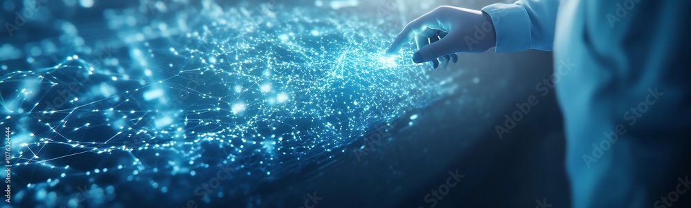 Leinwandbilder a hand reaches out to a glowing, digital interface filled with sparkling data points, symbolizing te