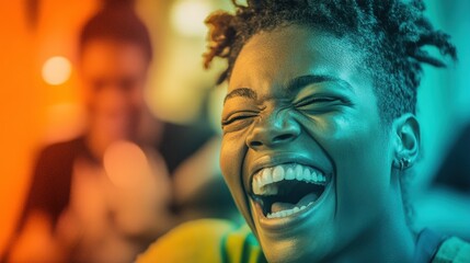 Fototapeta premium Joyful moment captured as a young Black woman laughs heartily in a vibrant setting, AI