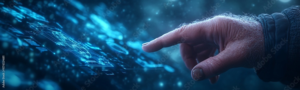 Poster A close-up of a hand reaching out to touch a glowing, digital surface, surrounded by a soft blue haze, evoking a sense of interaction with technology.