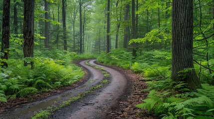 Obraz premium A winding dirt path through a lush green forest, surrounded by tall trees and ferns. The scene is serene and tranquil, with soft light filtering through the leaves, creating a peaceful atmosphere.