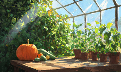 Serene Greenhouse Oasis with Sunlit Vegetables and Lush Foliage
