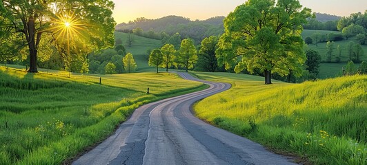 A winding road through a lush green landscape at sunrise. The scene features vibrant trees and rolling hills, with sunlight filtering through the leaves, creating a serene and picturesque atmosphere.