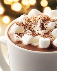 Hot chocolate with whipped cream and marshmallows, copy space.