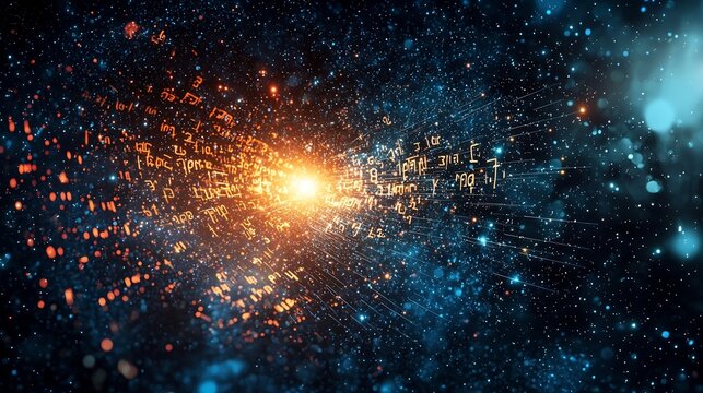 Cosmic Scene of Glowing Words and Equations Representing the Universe s Infinite Knowledge - Powered by Adobe