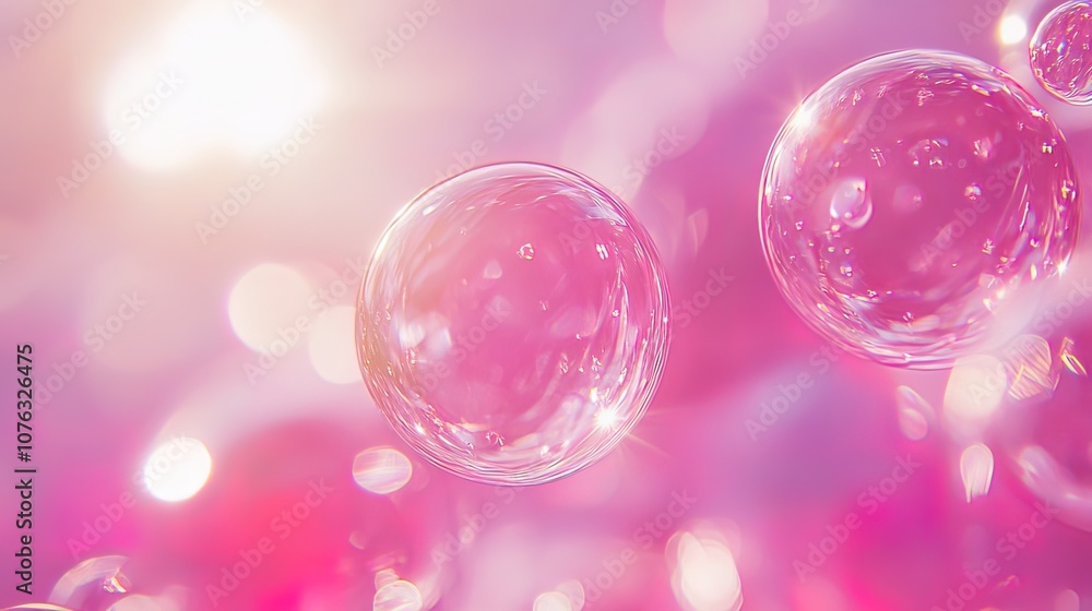 Poster pink bokeh background with floating transparent spheres.