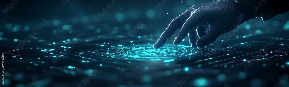 Leinwandbilder a hand reaches towards a glowing, digital interface filled with swirling particles, evoking a sense 