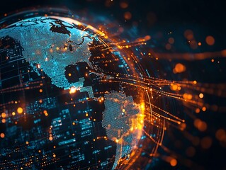 Fototapeta premium Glowing Holographic Globe with Knowledge Exchange Between Continents Global Concept