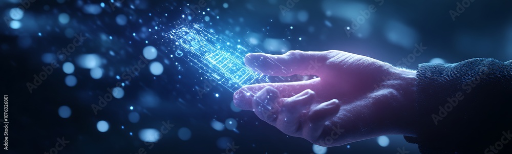 Aufkleber A glowing hand emits sparkling particles, suggesting themes of technology, magic, and transformation in a dark, mysterious setting.