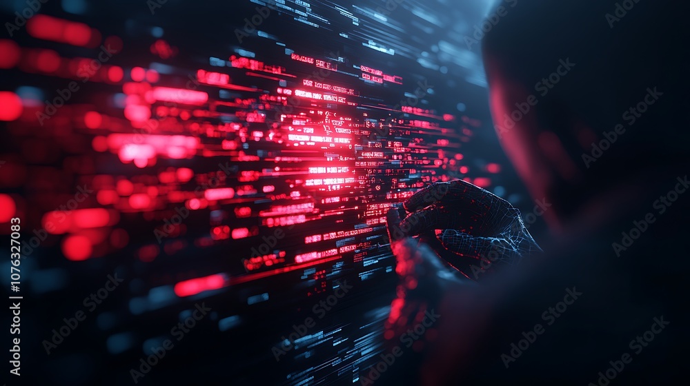 Aufkleber A person interacts with dynamic digital data streams, featuring red and blue light, conveying a sense of high-tech interaction and data manipulation.