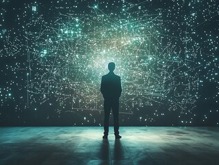 Person Standing Before Glowing Chalkboard of Floating Equations and Ideas Symbolizing Knowledge s Shaping Power