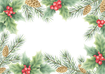 Christmas card horizontal template with holly, red berries, fir tree branches and cones. Hand drawn watercolor isolated illustration with empty space for text. For New year greeting cards, design.