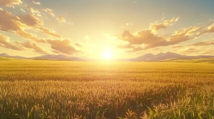 Naklejka premium Golden Field at Sunset with Mountains in the Distance