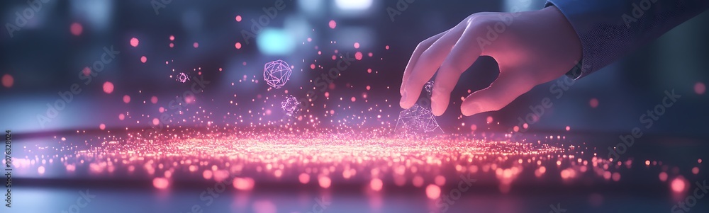 Aufkleber A hand hovers over a glowing surface with vibrant particles, creating a sense of interaction and magic in a digital environment.