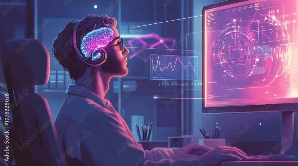 Poster man with a glowing brain working on computer