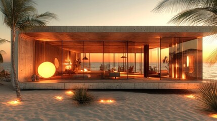 Modern beach house with large windows overlooking the ocean at sunset.