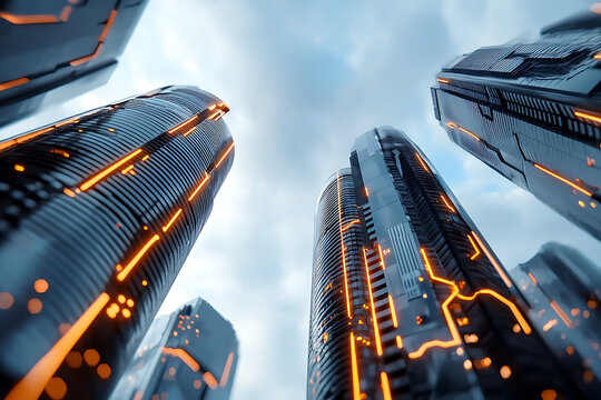 Celebrate united states independence day with futuristic skyscrapers in blockchain architecture