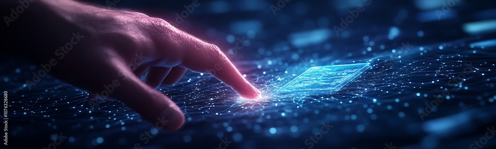 Aufkleber A glowing hand touches a digital interface filled with vibrant particles, symbolizing interaction with technology and innovation.