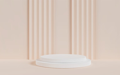Minimalistic nude beige background with a two-tier white podium. For product display, branding, and presentations with a clean, modern aesthetic