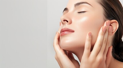 Obraz premium skin care. Beautiful woman touching healthy facial skin portrait. Beautiful smiling Asian girl model with natural makeup, close-up on blue background, touching glowing hydrated skin