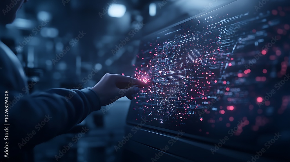 Poster A person interacts with a glowing digital interface, manipulating vibrant data particles in a futuristic environment.