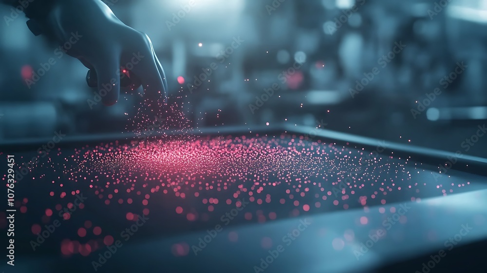 Aufkleber A futuristic hand reaching towards a glowing red display, surrounded by floating particles, suggesting advanced technology and digital interaction.